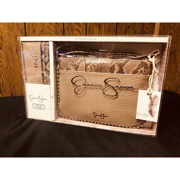 Jessica Simpson Camille Crossbody Tan Gold Bag Purse Card Case New With Tags - Picture 2 of 3
